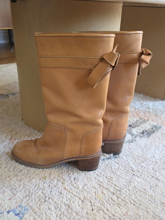 See By Chloe Shoes - See By Chloe Cognac Leather Mid-Calf Boots with Bow, Size 40 (US 9)